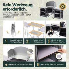 Sekey XXL Campingtisch & Campingschrank Faltbar – Campingküche mit Aluminiumgestell, Windschutz, Arbeitsfläche & 5 Staufächern, Tragbar und Zusammenklappbar