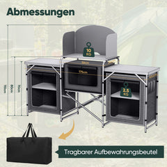 Sekey XXL Campingtisch & Campingschrank Faltbar – Campingküche mit Aluminiumgestell, Windschutz, Arbeitsfläche & 5 Staufächern, Tragbar und Zusammenklappbar