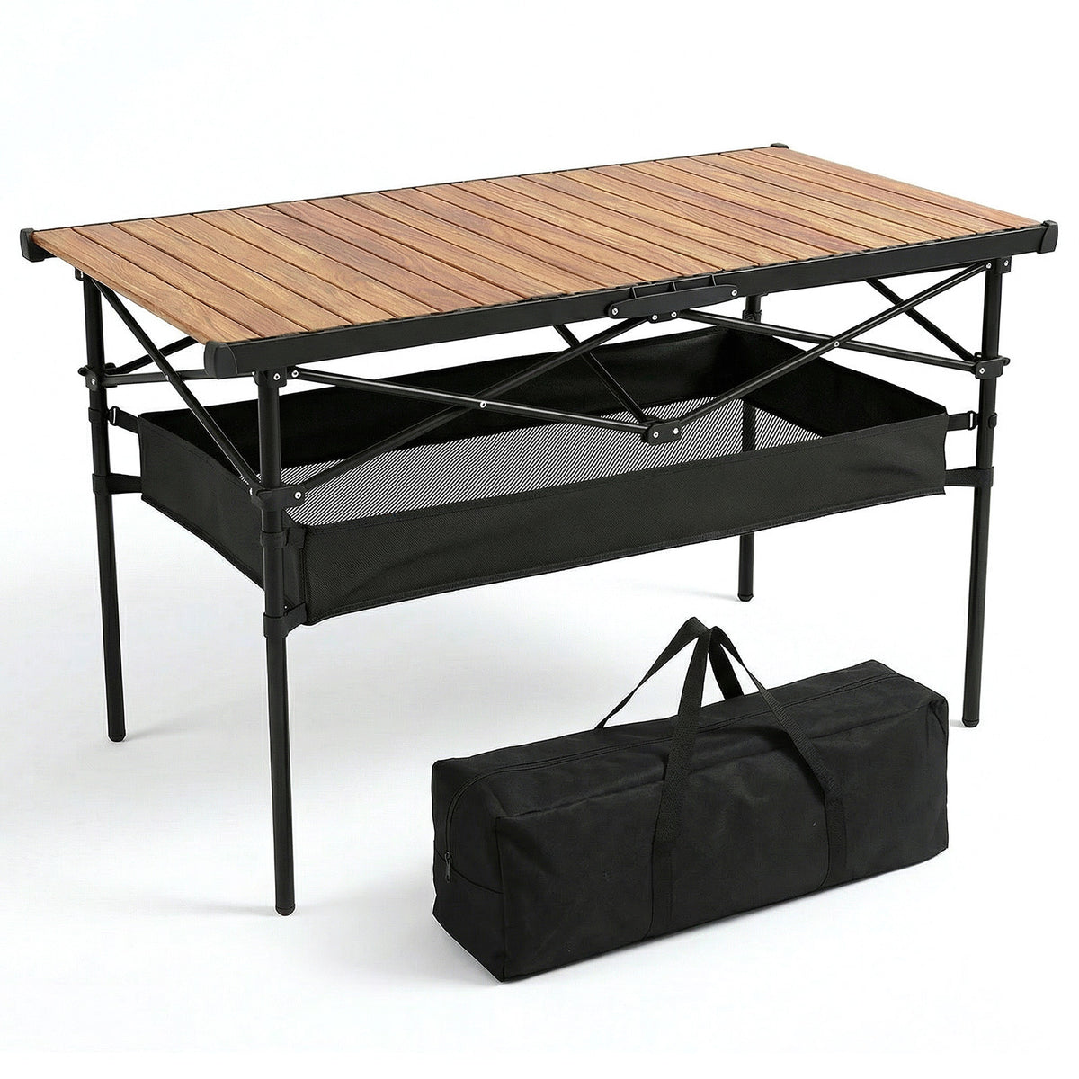 Sekey Klappbarer Campingtisch 120x60 cm – Ultraleichter Aluminium Gartentisch in Holzoptik, Faltbar & Rollbar, Wetterfest Balkontisch mit Ablagenetz & Tragetasche