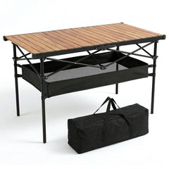 Sekey Klappbarer Campingtisch 120x60 cm – Ultraleichter Aluminium Gartentisch in Holzoptik, Faltbar & Rollbar, Wetterfest Balkontisch mit Ablagenetz & Tragetasche