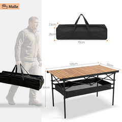 Sekey Klappbarer Campingtisch 120x60 cm – Ultraleichter Aluminium Gartentisch in Holzoptik, Faltbar & Rollbar, Wetterfest Balkontisch mit Ablagenetz & Tragetasche