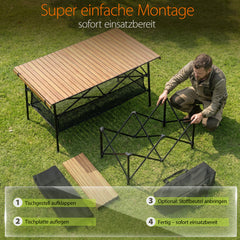 Sekey Klappbarer Campingtisch 120x60 cm – Ultraleichter Aluminium Gartentisch in Holzoptik, Faltbar & Rollbar, Wetterfest Balkontisch mit Ablagenetz & Tragetasche