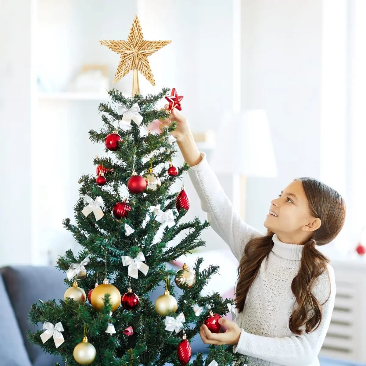 Salcar Christbaumspitze Strohstern Weihnachtsbaum Dekoration für Weihnachten, Tannenbaumspitze für den Christbaum, 25cm Salcar