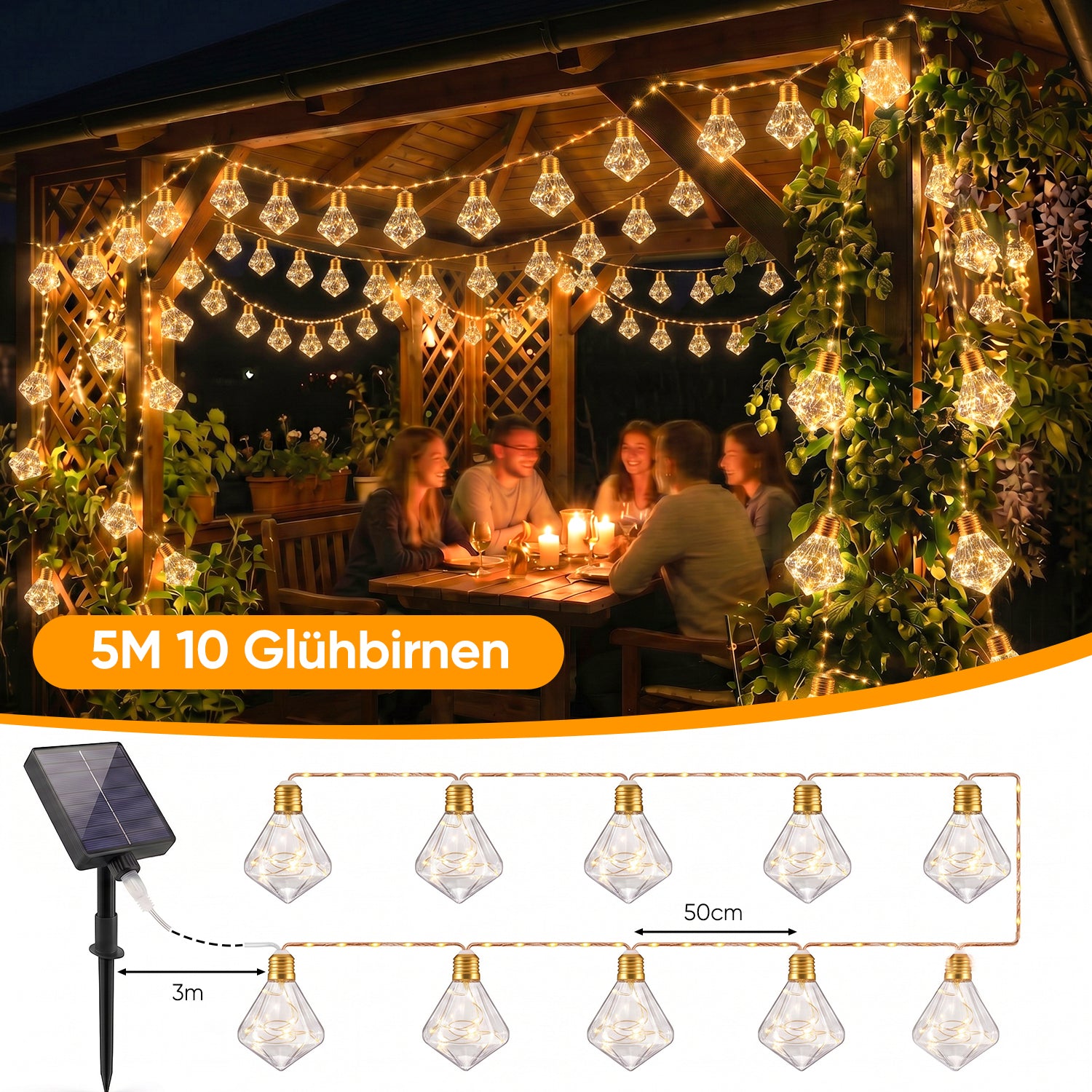 Detailansicht der dekorativen Diamant-Glühbirnen mit 149 warmweißen LEDs an einem Hanfseil