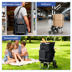 Sekey XXL Einkaufstrolley Treppensteiger 3-Rad Faltbarer Aluminium 3-in-1 Einkaufswagen mit Höhenverstellbarem Griff, Kühlfach & Getränkefach Ideal für Camping & Einkäufe