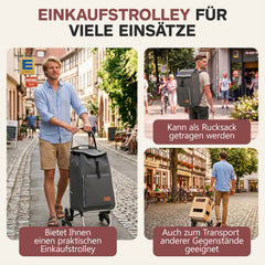 Sekey Einkaufstrolley klappbar 3-in-1 – Einkaufstrolley, Sackkarre & Rucksack mit Treppensteiger-Rädern, leichter Aluminiumrahmen, faltbar & stabil für Einkauf, Reisen und Senioren