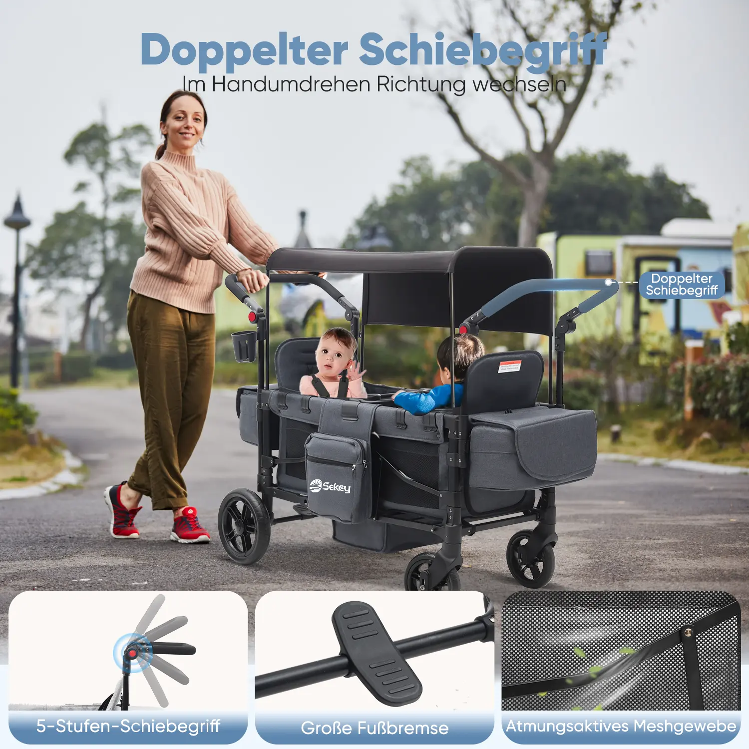 Sekey 80KG Faltbarer Kinderwagen für 2 Kinder zum Sitzen, 6060 Sekey