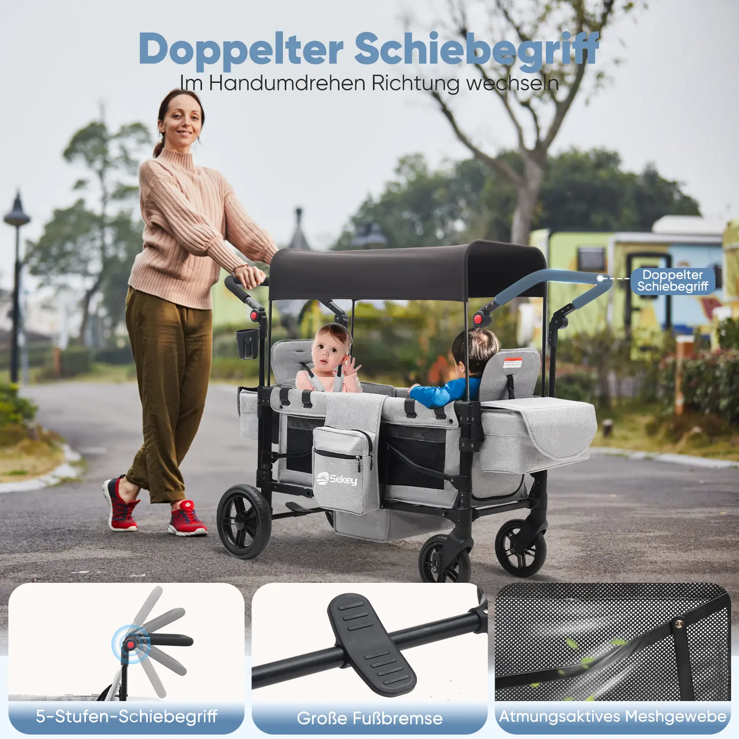 Sekey 80KG Faltbarer Kinderwagen für 2 Kinder zum Sitzen, 6060 Sekey