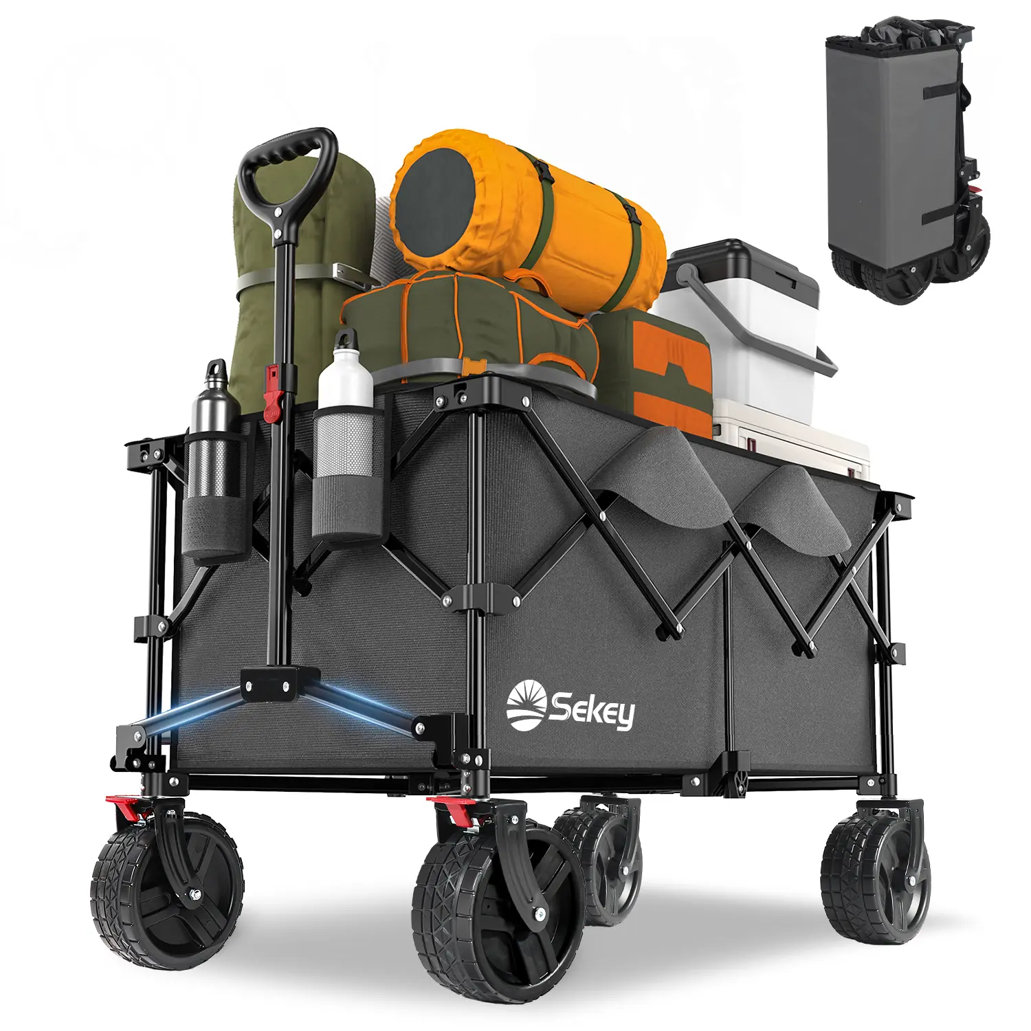 Sekey 200L / 150KG Faltbarer Bollerwagen, Patentiert Zusammenfaltbar aus Vier Richtungen, mit Bremsen Rädern Sekey