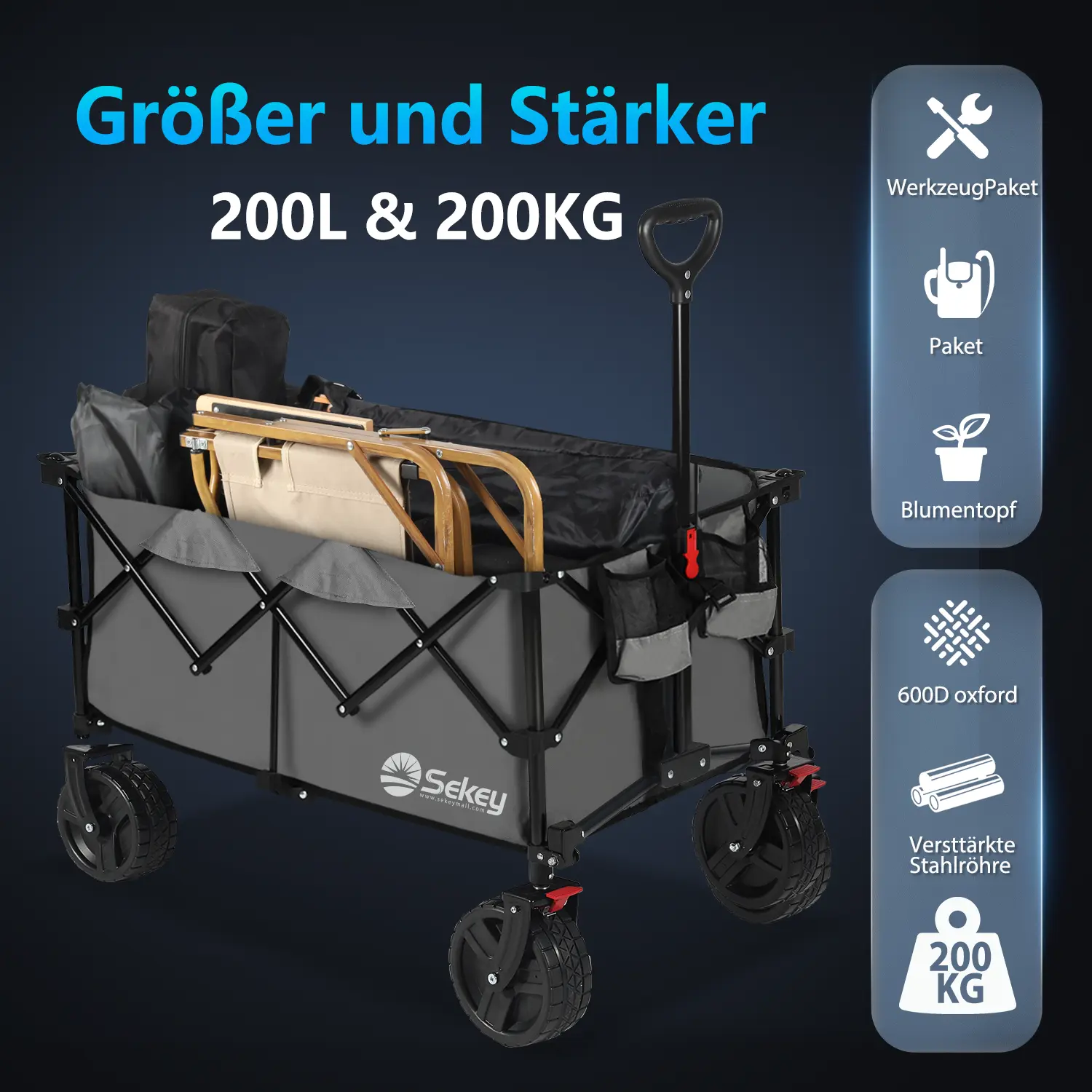 Sekey 200L / 150KG Faltbarer Bollerwagen, Patentiert Zusammenfaltbar aus Vier Richtungen, mit Bremsen Rädern Sekey