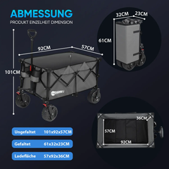 Sekey 200L / 150KG Faltbarer Bollerwagen, Patentiert Zusammenfaltbar aus Vier Richtungen, mit Bremsen Rädern Sekey