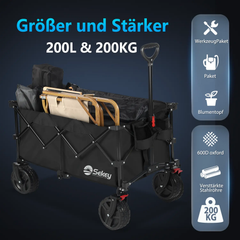 Sekey 200L / 150KG Faltbarer Bollerwagen, Patentiert Zusammenfaltbar aus Vier Richtungen, mit Bremsen Rädern Sekey