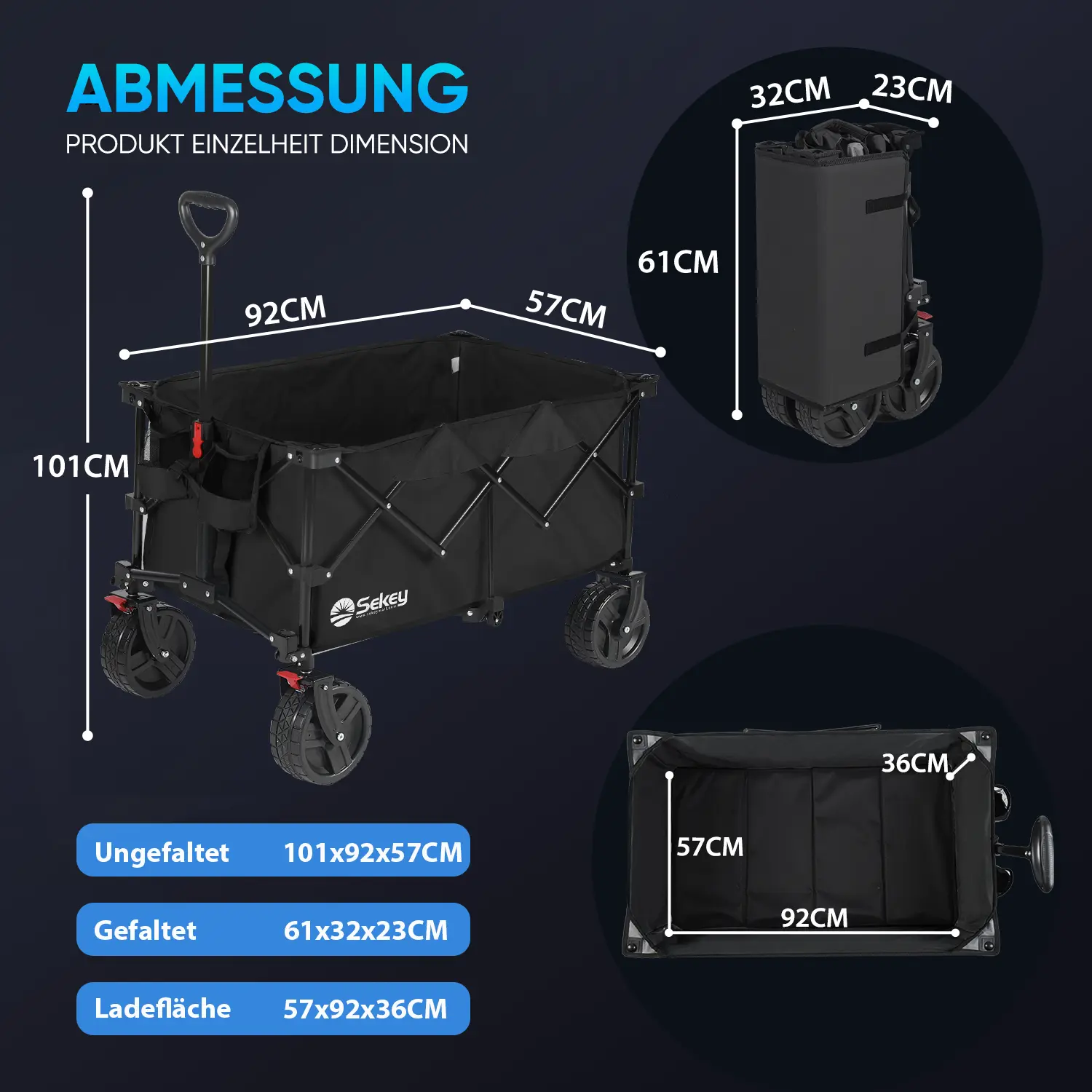 Sekey 200L / 150KG Faltbarer Bollerwagen, Patentiert Zusammenfaltbar aus Vier Richtungen, mit Bremsen Rädern Sekey