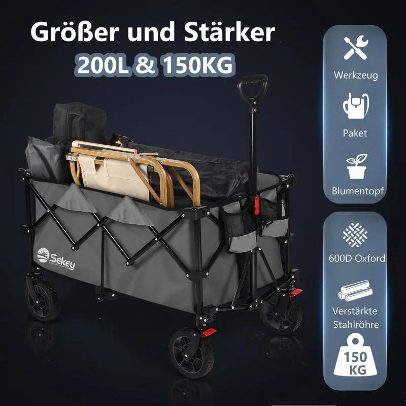 Sekey 200L / 150KG Faltbarer Bollerwagen, Patentiert Zusammenfaltbar aus Vier Richtungen, mit Bremsen Sekey