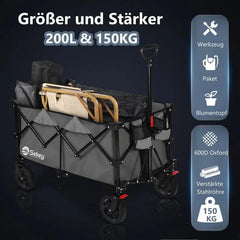 Sekey 200L / 150KG Faltbarer Bollerwagen, Patentiert Zusammenfaltbar aus Vier Richtungen, mit Bremsen Sekey