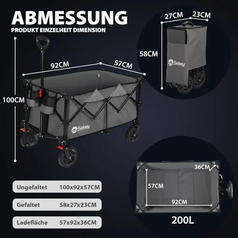 Sekey 200L / 150KG Faltbarer Bollerwagen, Patentiert Zusammenfaltbar aus Vier Richtungen, mit Bremsen Sekey