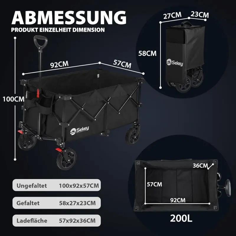 Sekey 200L / 150KG Faltbarer Bollerwagen, Patentiert Zusammenfaltbar aus Vier Richtungen, mit Bremsen Sekey