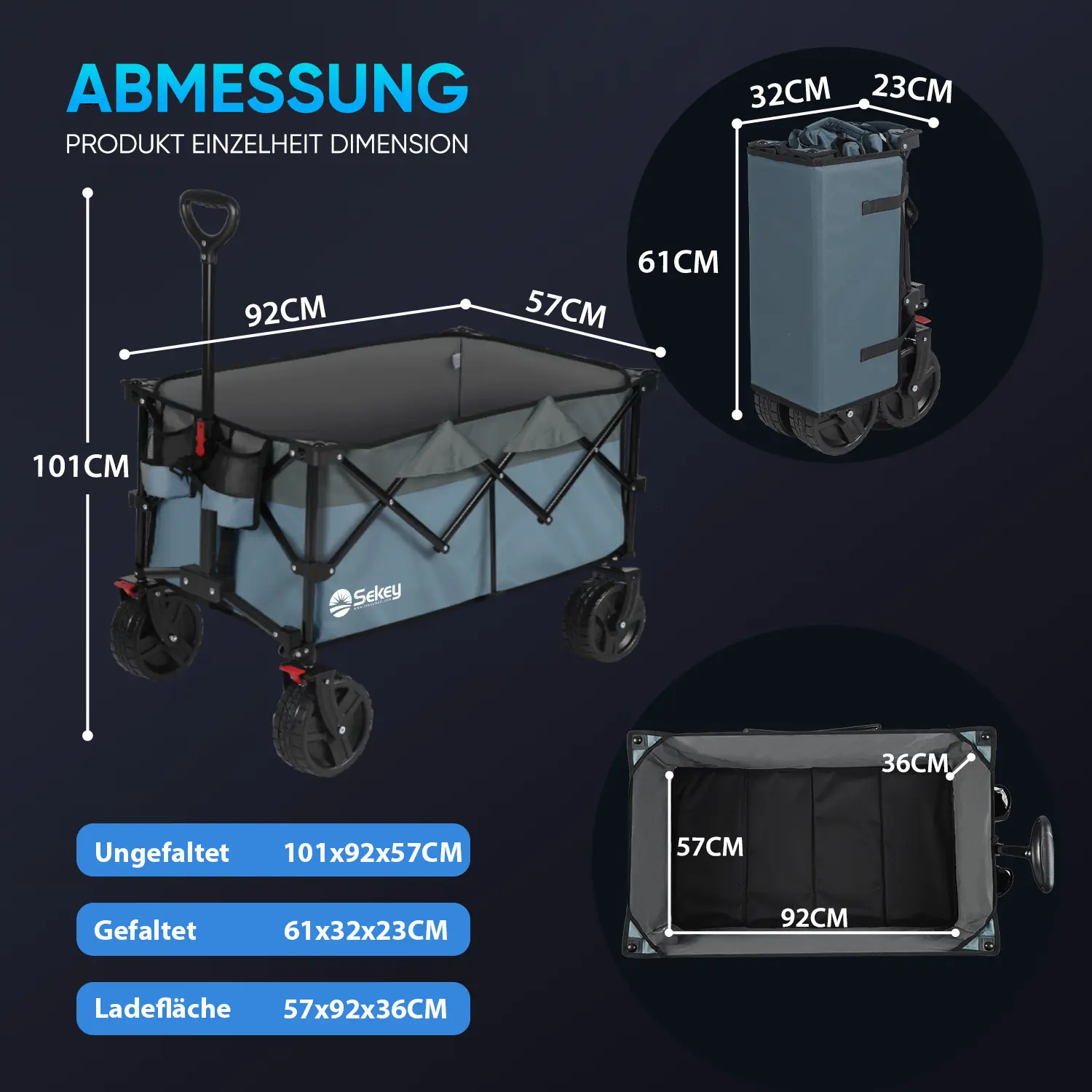 Sekey 200L / 150KG Faltbarer Bollerwagen, Patentiert Zusammenfaltbar aus Vier Richtungen, mit Bremsen Rädern Sekey