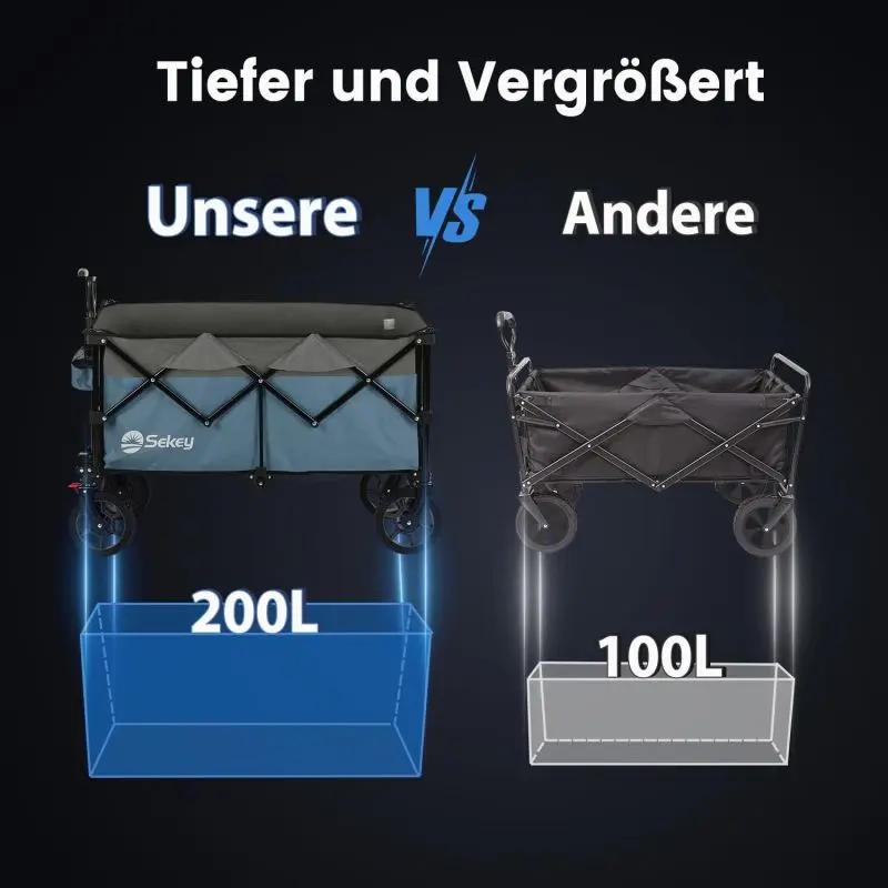 Sekey 200L / 150KG Faltbarer Bollerwagen, Patentiert Zusammenfaltbar aus Vier Richtungen, mit Bremsen Sekey