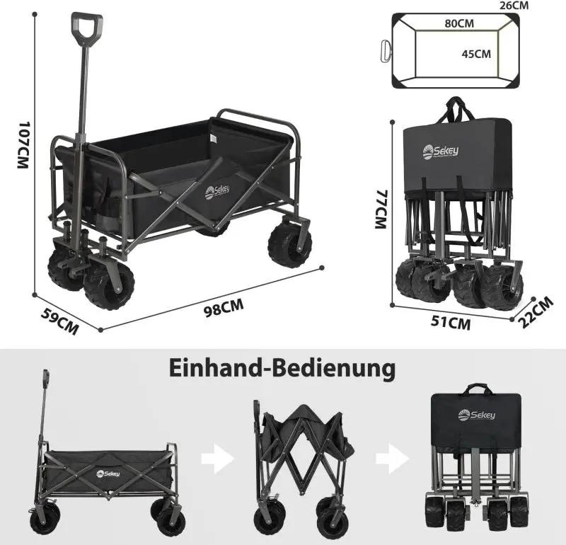Sekey 94L / 200KG Faltbarer Bollerwagen, mit Bremsen und Extra Breiten Rädern Sekey
