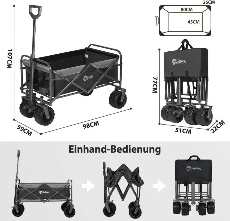 Sekey 94L / 200KG Faltbarer Bollerwagen, mit Bremsen und Extra Breiten Rädern Sekey