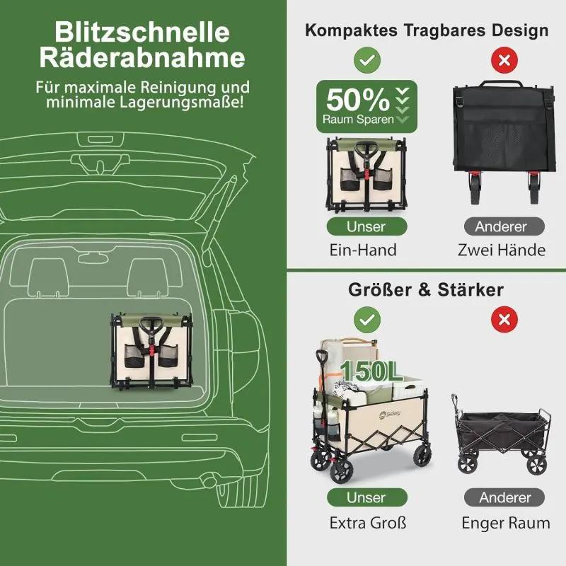 Sekey 150L / 150KG Faltbarer Bollerwagen mit Dach, Bremsen Sekey
