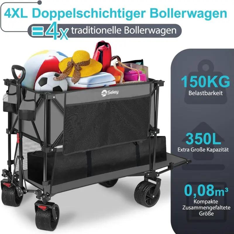 Sekey 350L / 120KG Doppel Faltbarer Bollerwagen, Patentiert Zusammenfaltbar aus Vier Richtungen, mit Bremsen und Extra Breiten Rädern Sekey