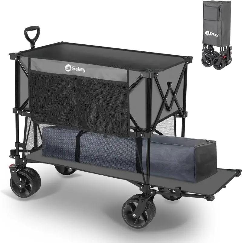 Sekey 350L / 120KG Doppel Faltbarer Bollerwagen, Patentiert Zusammenfaltbar aus Vier Richtungen, mit Bremsen und Extra Breiten Rädern Sekey