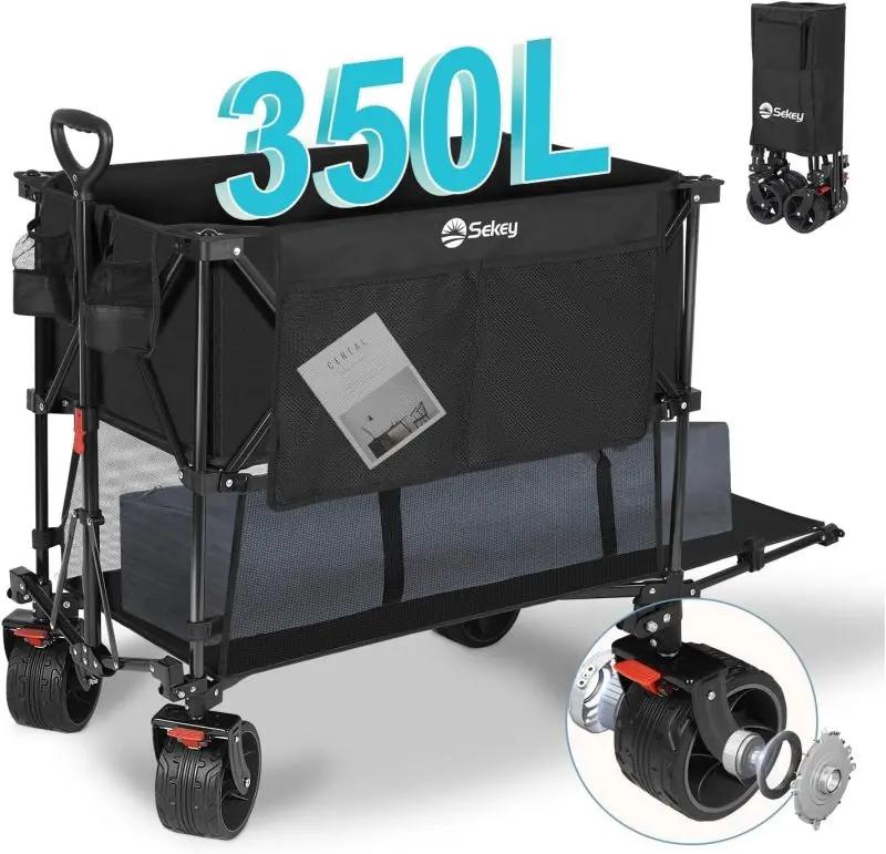 Sekey 350L / 120KG Doppel Faltbarer Bollerwagen, Patentiert Zusammenfaltbar aus Vier Richtungen, mit Bremsen und Extra Breiten Rädern Sekey