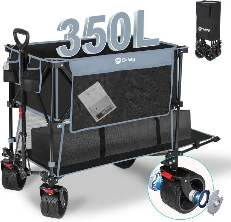 Sekey 350L / 120KG Doppel Faltbarer Bollerwagen, Patentiert Zusammenfaltbar aus Vier Richtungen, mit Bremsen und Extra Breiten Rädern Sekey