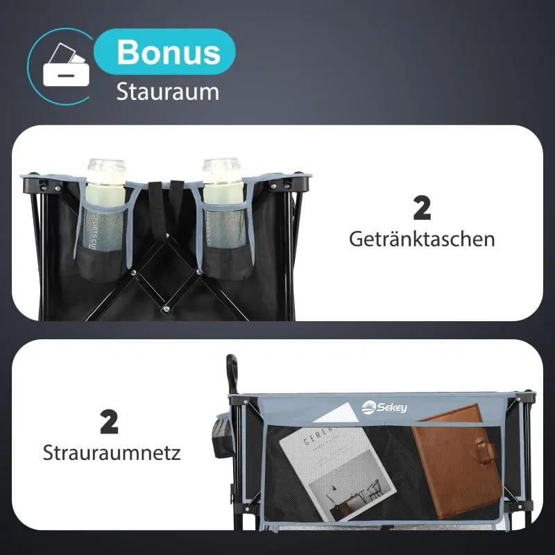 Sekey 350L / 120KG Doppel Faltbarer Bollerwagen, Patentiert Zusammenfaltbar aus Vier Richtungen, mit Bremsen und Extra Breiten Rädern Sekey