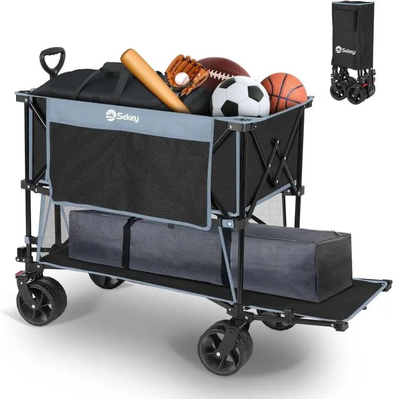 Sekey 350L / 120KG Doppel Faltbarer Bollerwagen, Patentiert Zusammenfaltbar aus Vier Richtungen, mit Bremsen und Extra Breiten Rädern Sekey