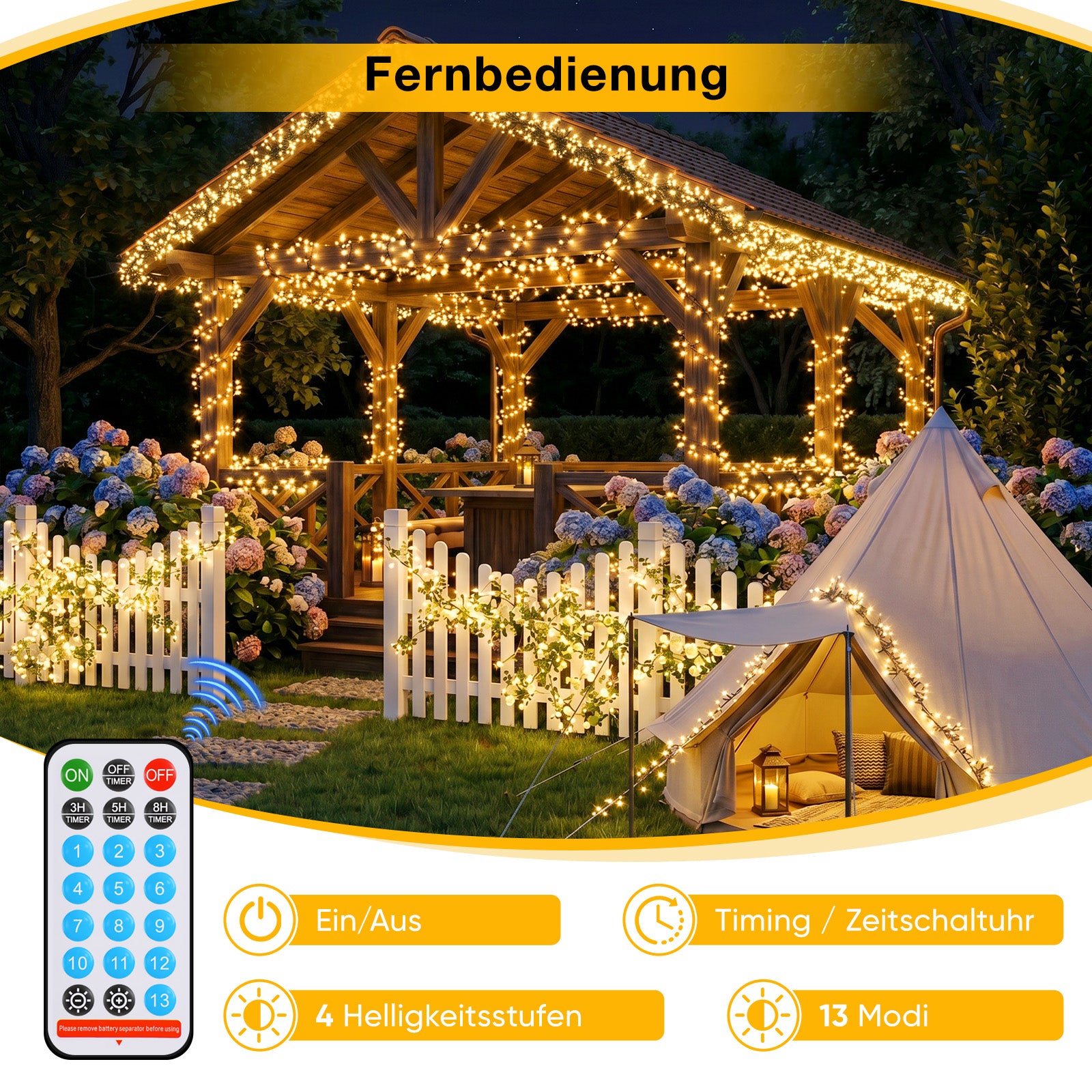 Solar Lichterkette mit Fernbedienung, Timerfunktion und automatischem Dämmerungssensor