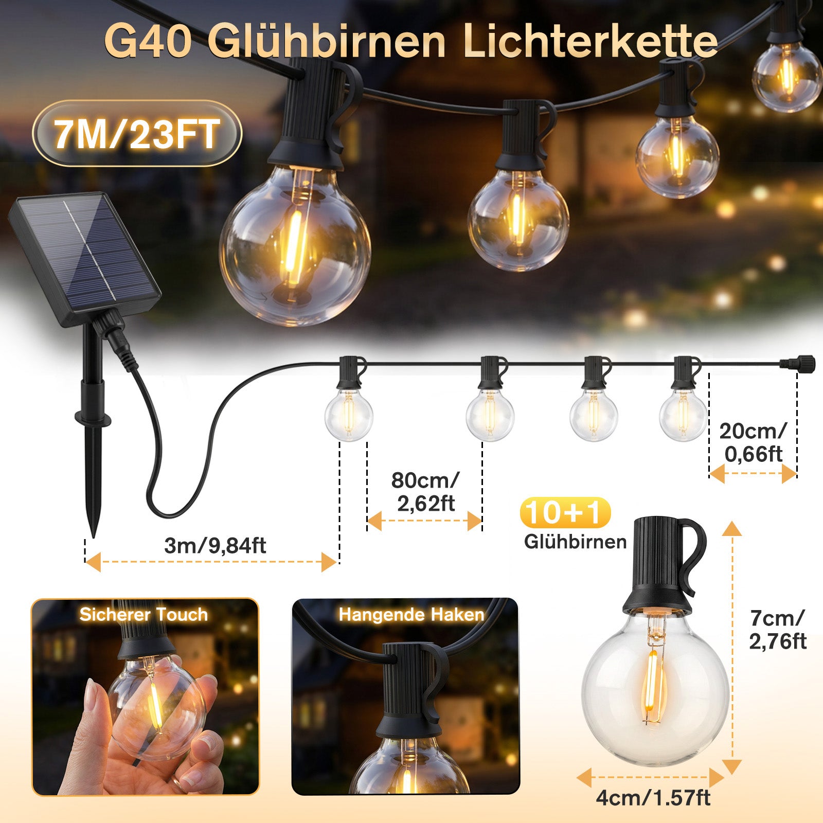 Detailaufnahme der G40 LED Glühbirnen mit warmweißem Licht für Outdoor-Dekoration