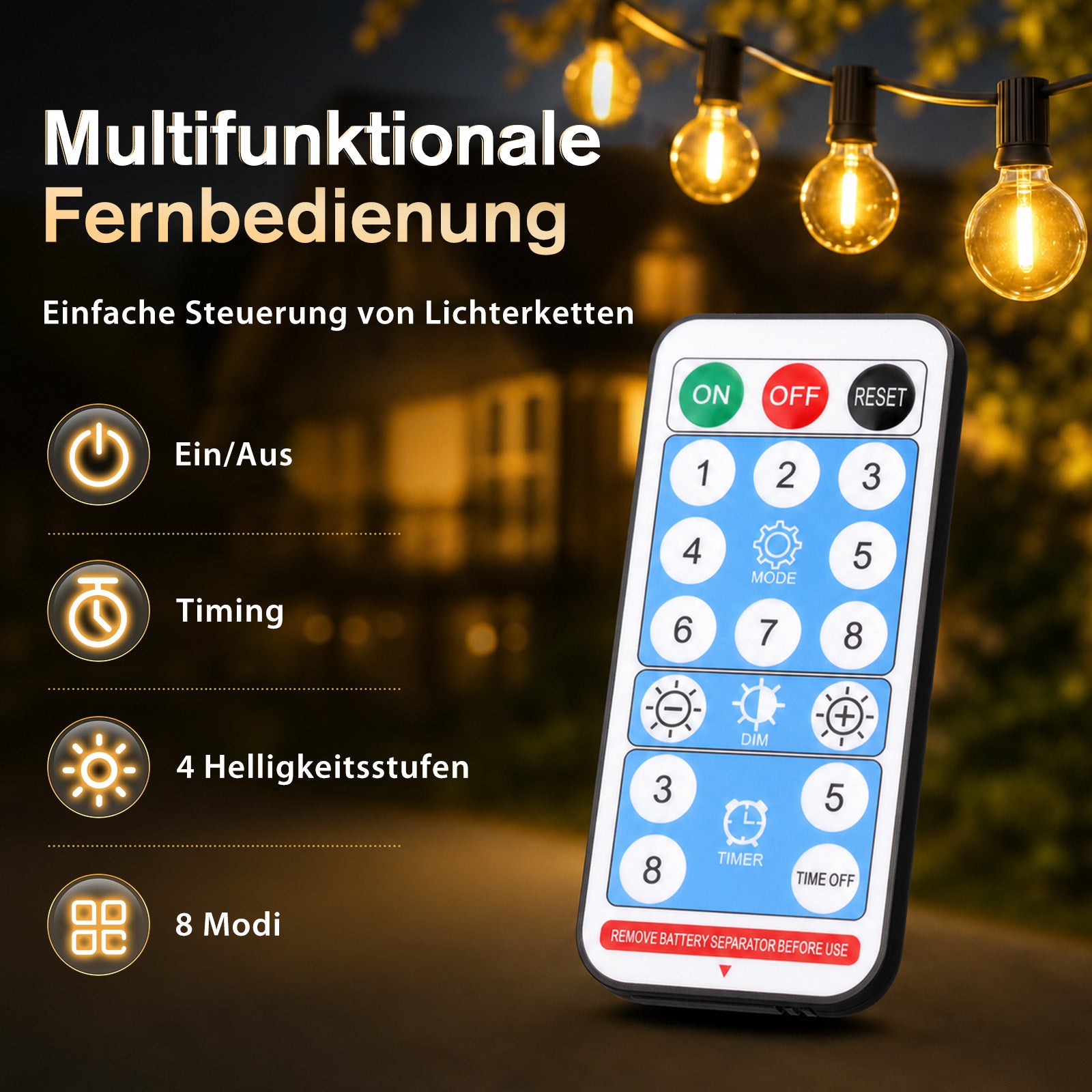 LED Solar Lichterkette mit Fernbedienung, 8 Lichtmodi und Dimmfunktion