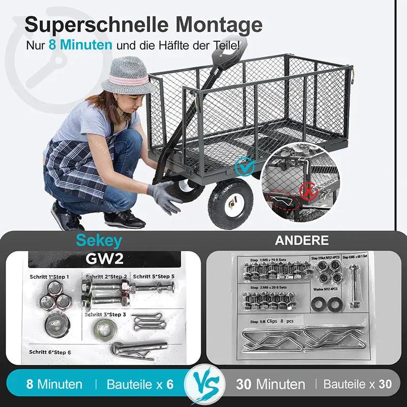 Sekey 200L / 500KG Gartenwagen mit abnehmbaren Seitenteilen und Gummiluftreifen Sekey