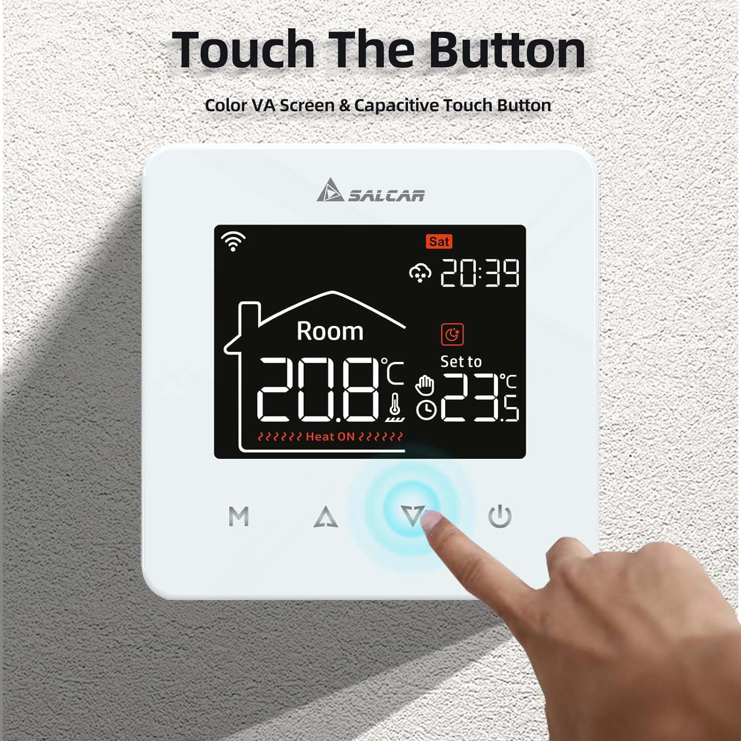 Salcar Smart WLAN Raumthermostat für Elektrische Fußbodenheizung – 16A Touchscreen Thermostat mit LCD-Display, App- & Sprachsteuerung, Kompatibel mit Alexa & Tuya, Weiß, Programmierbar Salcar