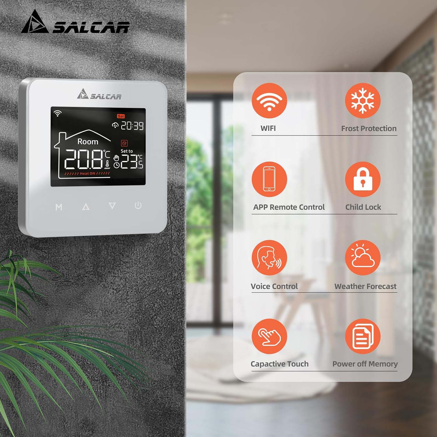 Salcar Smart WLAN Raumthermostat für Elektrische Fußbodenheizung – 16A Touchscreen Thermostat mit LCD-Display, App- & Sprachsteuerung, Kompatibel mit Alexa & Tuya, Weiß, Programmierbar Salcar