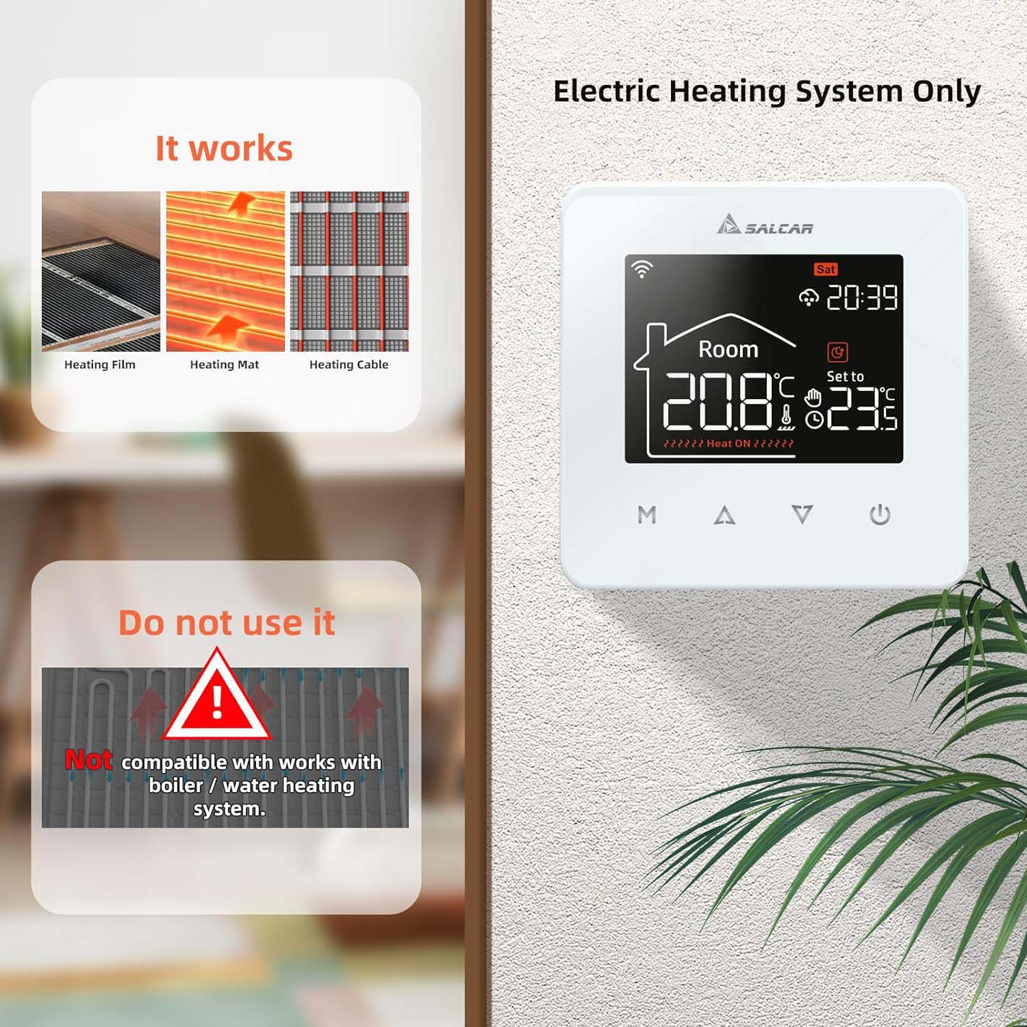 Salcar Smart WLAN Raumthermostat für Elektrische Fußbodenheizung – 16A Touchscreen Thermostat mit LCD-Display, App- & Sprachsteuerung, Kompatibel mit Alexa & Tuya, Weiß, Programmierbar Salcar