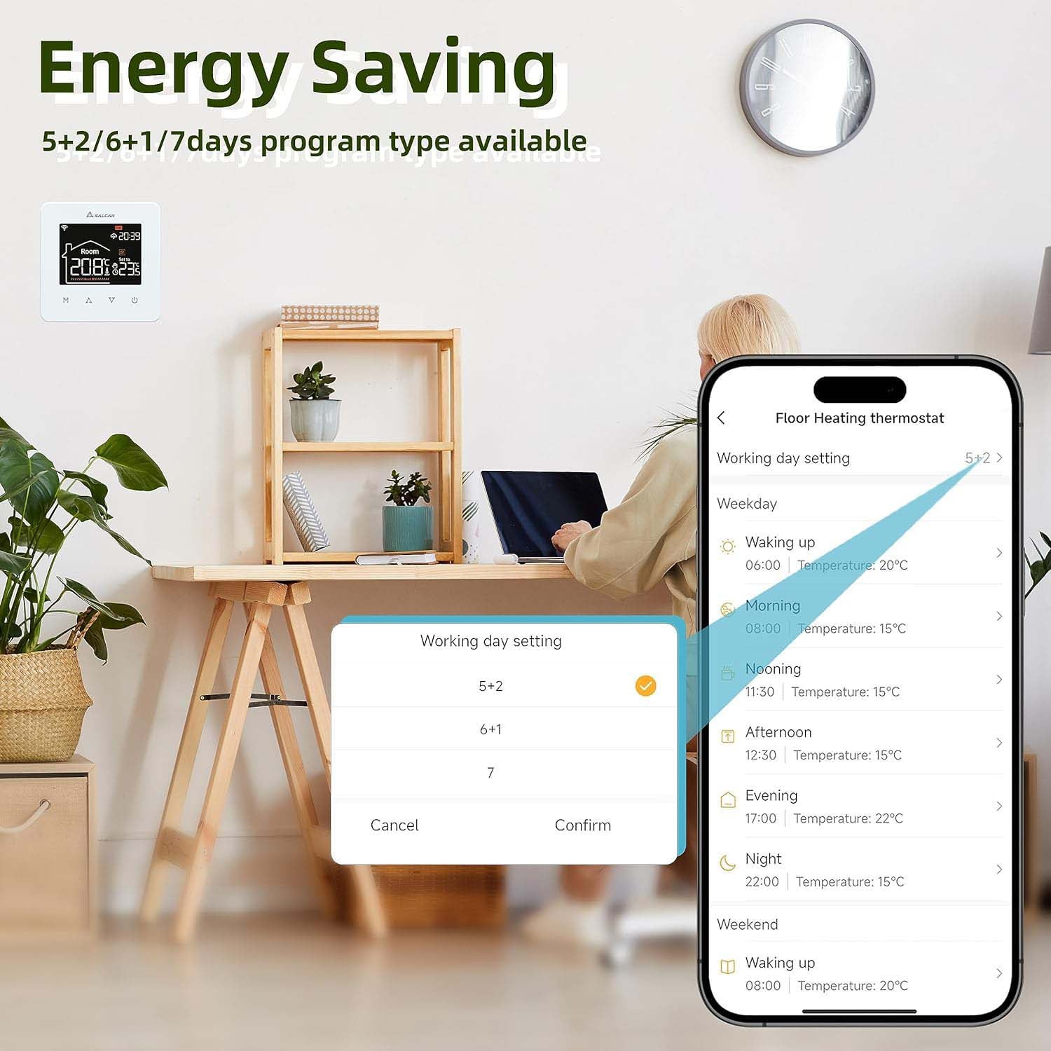 Salcar Smart WLAN Raumthermostat für Elektrische Fußbodenheizung – 16A Touchscreen Thermostat mit LCD-Display, App- & Sprachsteuerung, Kompatibel mit Alexa & Tuya, Weiß, Programmierbar Salcar