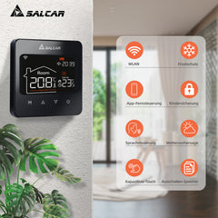 Salcar WLAN Thermostat für elektrische Fußbodenheizung – LCD Touchscreen, 16A, programmierbar, kompatibel mit Alexa & Google Assistant, Schwarz