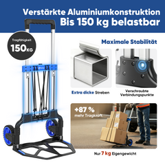 Sekey Klappbare Sackkarre 150 kg Verstärkter Alurahmen, XXL Anti-Rutsch-Ladefläche, TPR-Räder, höhenverstellbarer Griff & 1-Sekunden-Faltung inkl. 2 Expanderseilen