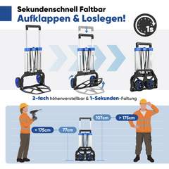 Sekey Klappbare Sackkarre 150 kg Verstärkter Alurahmen, XXL Anti-Rutsch-Ladefläche, TPR-Räder, höhenverstellbarer Griff & 1-Sekunden-Faltung inkl. 2 Expanderseilen