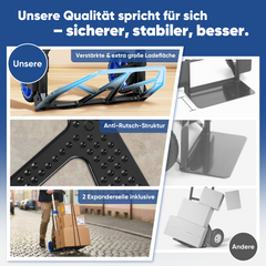 Sekey Klappbare Sackkarre 150 kg Verstärkter Alurahmen, XXL Anti-Rutsch-Ladefläche, TPR-Räder, höhenverstellbarer Griff & 1-Sekunden-Faltung inkl. 2 Expanderseilen