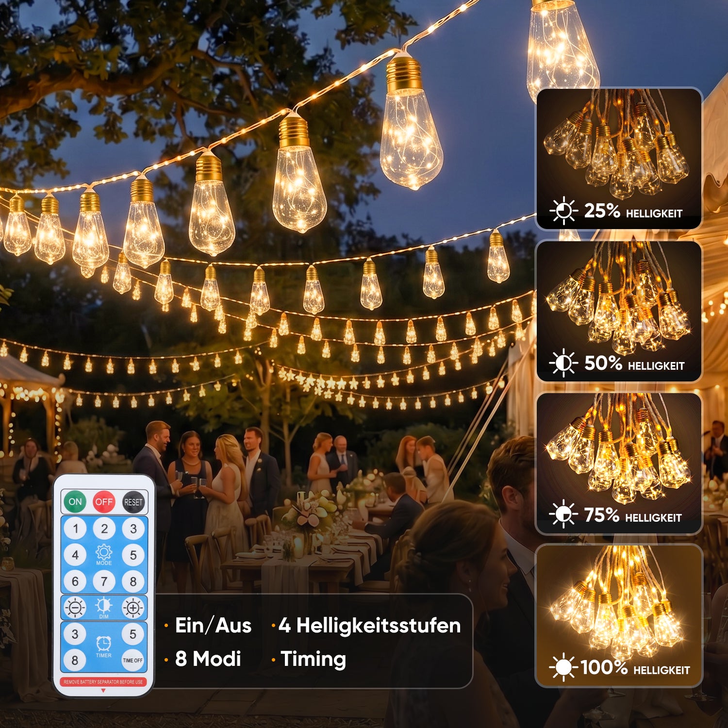 Outdoor Solar Lichterkette mit Fernbedienung, 8 Lichtmodi und intelligenter Memory-Funktion