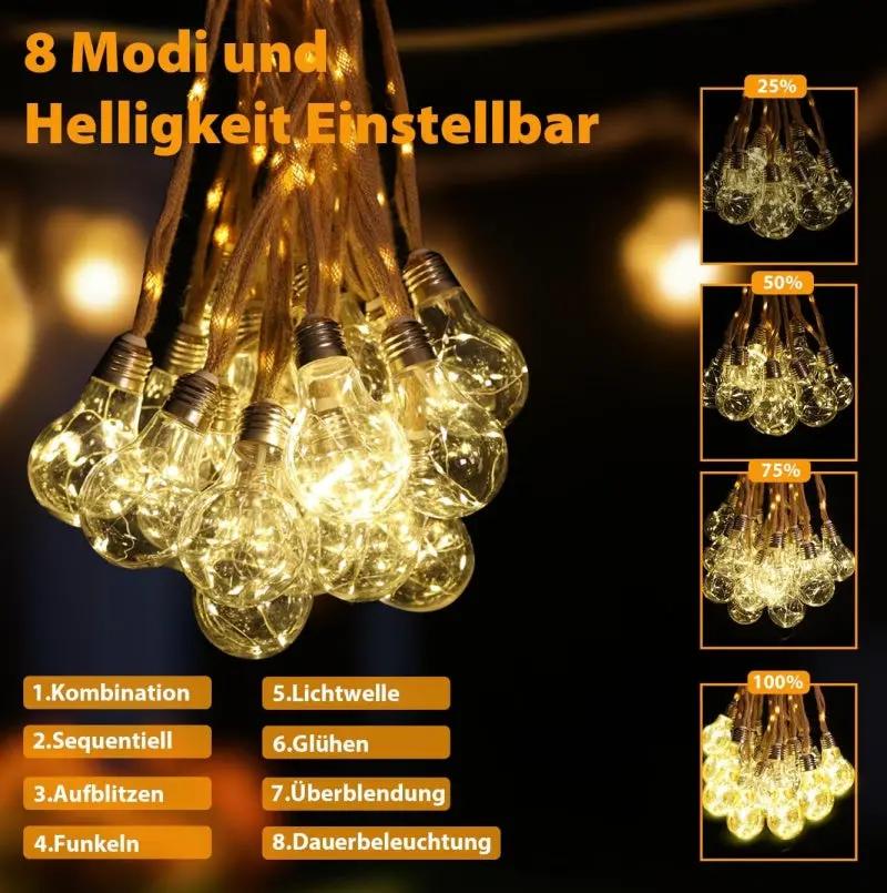 Salcar 5m/10m solar LED  Hanfseil Lichterkette mit 10/20 Glühbirnen ,149/299 LEDs Sekey
