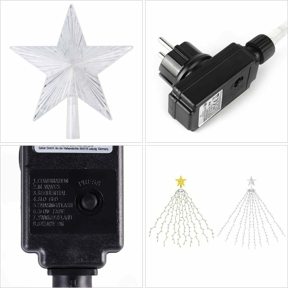 Salcar 3m LED Weihnachtsbaum-Lichterkette mit 10 Girlanden, Sternspitze & 360 LEDs – 8 Modi, Warmweiß, Sicher & Energiesparend Salcar