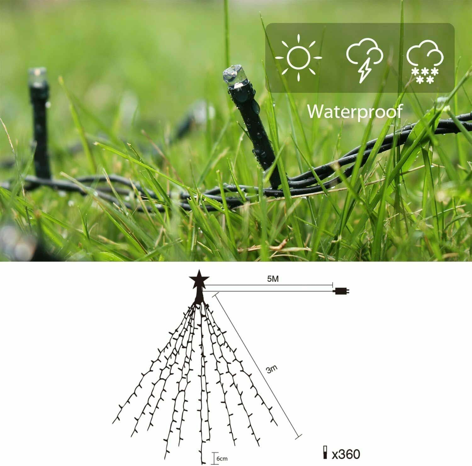Salcar 3m LED Weihnachtsbaum-Lichterkette mit 10 Girlanden, Sternspitze & 360 LEDs – 8 Modi, Warmweiß, Sicher & Energiesparend Salcar
