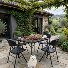 Sekey 5-tlg. Gartengarnitur für 4 Personen, Klappbarer Gartentisch mit 4 Klappstühlen, Wetterfeste Gartenmöbel, Platzsparendes Balkonmöbel-Set für Terrasse, Balkon & Garten, Schwarz