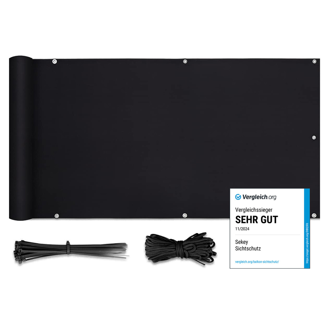 Sekey PES Balkon Sichtschutz blickdicht – Balkonabdeckung mit Wind- & UV-Schutz, schwarz, 160 g/m² PES, mit Ösen, Kordel & Kabelbindern